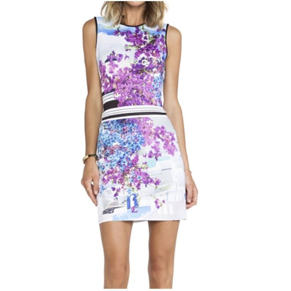 Clover Canyon Santorini Floral Stripe Purple Sheath Scuba Dress